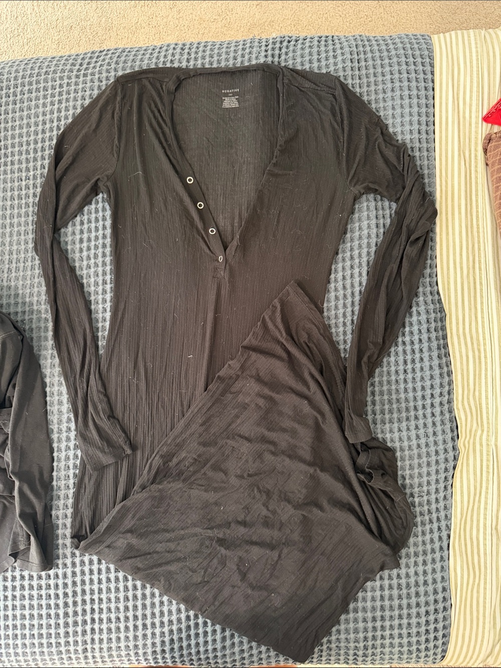 Negative Underwear Black Long-Sleeve V-Neck Buttoned Sleep Top